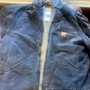 Carhartt hooded faded black work jacket Sherpa lined